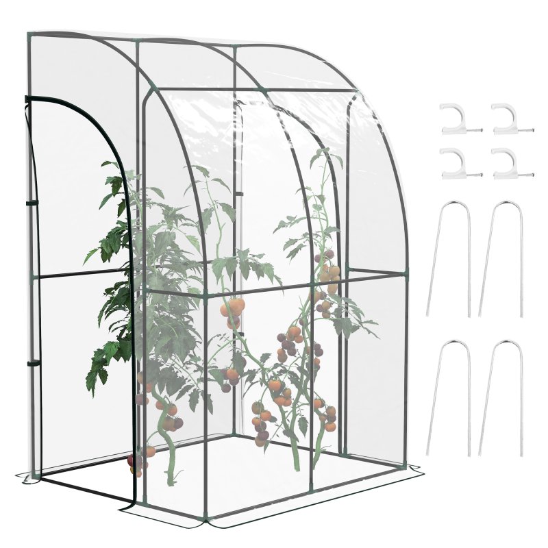 Outsunny Walk-In Greenhouse with Zipped Roll Up Doors, Lean-to Small Greenhouse with Plastic Cover and Sloping Top for Flowers, Vegetables and Herbs, 143cm x 118cm x 212cm, Clear