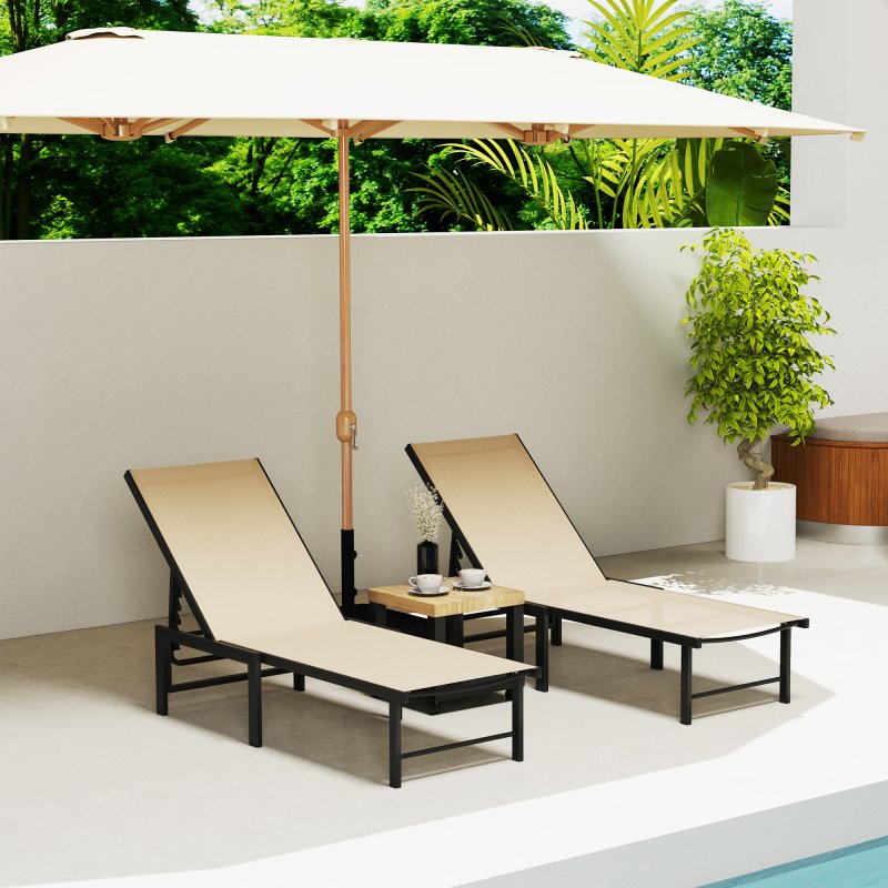 Outsunny Sun Loungers for Garden Set of 2, 5-Level Adjustable Reclining Sun Lounger Chairs, Flat Garden Lounger Sunbed with Texteline Seat, Steel Frame for Patio, Beach, Khaki
