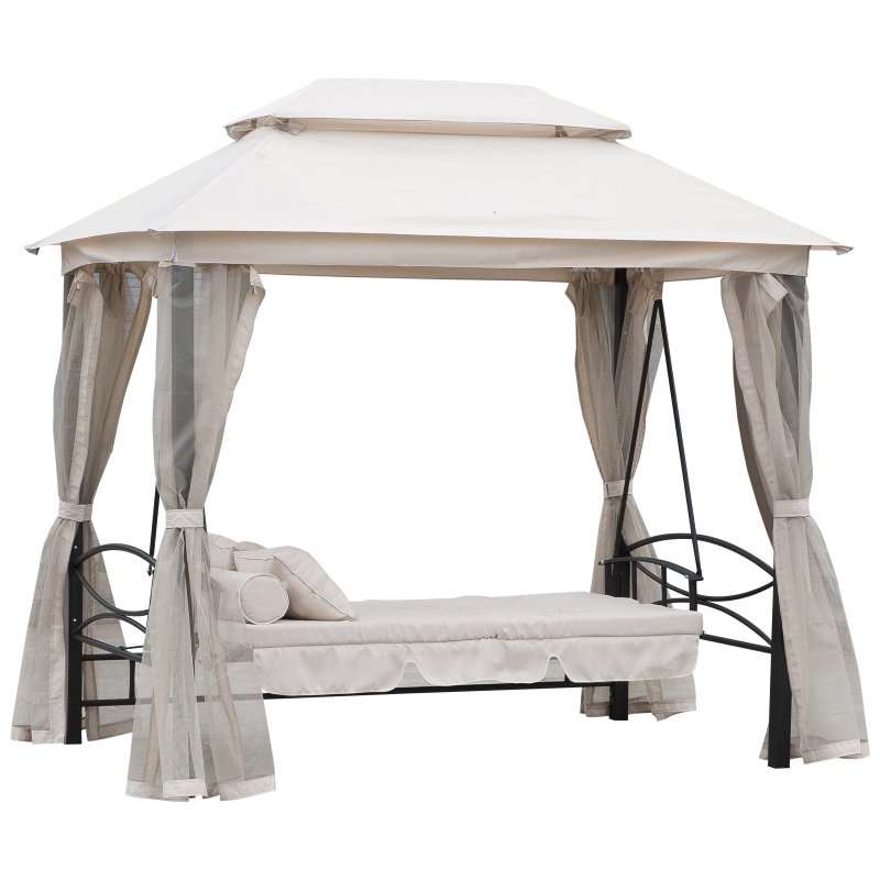 Outsunny 3 Seater Convertible Swing Chair, Outdoor Gazebo Swing Seat Bed with Double Tier Canopy, Cushioned Seat, Mesh Sidewalls and Curtains, Beige
