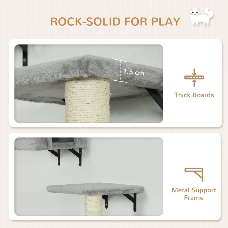 PawHut Cat Wall Shelves, 6-Piece Cat Wall Furniture Set with Condo, Platforms, Sisal Scratching Post, Bed and Toy Ball, for Climbing, Sleeping, Playing, Grey