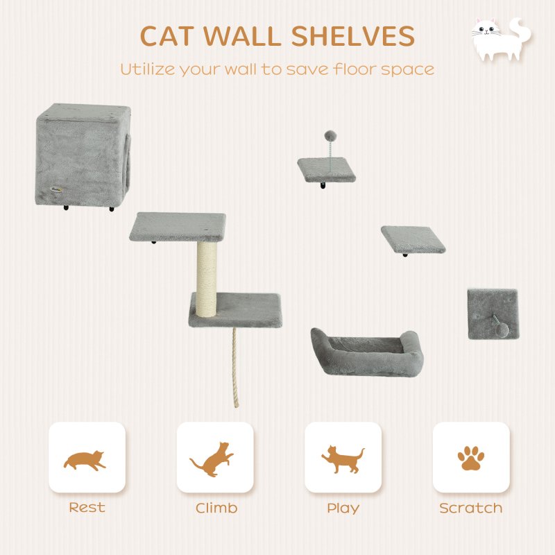 PawHut Cat Wall Shelves, 6-Piece Cat Wall Furniture Set with Condo, Platforms, Sisal Scratching Post, Bed and Toy Ball, for Climbing, Sleeping, Playing, Grey