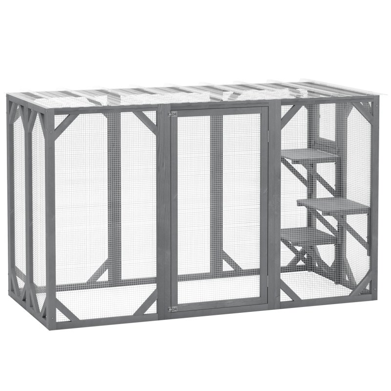 Pawhut Wooden Cat House 71" Catio Outdoor Cat Enclosure with 3 Platforms Large Door