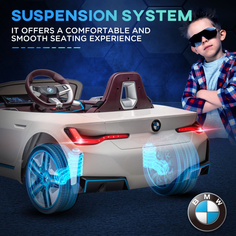 HOMCOM BMW i4 Licensed 12V Electric Car for Kids, Kids Electric Ride-on with Remote Control, Suspension Wheels, Music, Horn, Lights, MP3 Slot, Portable Battery, for Ages 3-6 Years - White