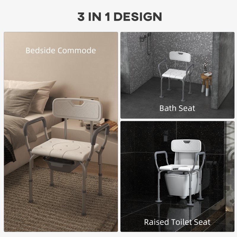 HOMCOM Height Adjustable Shower Chair with Arms and Back, Non-Slip Shower Stool, Bedside Commode with Detachable Bucket for Elderly, Seniors, Disabled, White