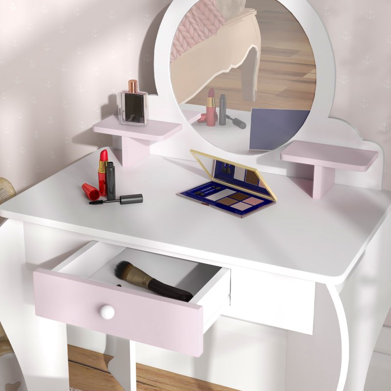 ZONEKIZ Kids Dressing Table with Mirror and Stool , Kids Vanity Table Girls Dressing Table with Drawer, Storage Shelf, Rabbit Design, for Ages 3-6 Years - White and Pink