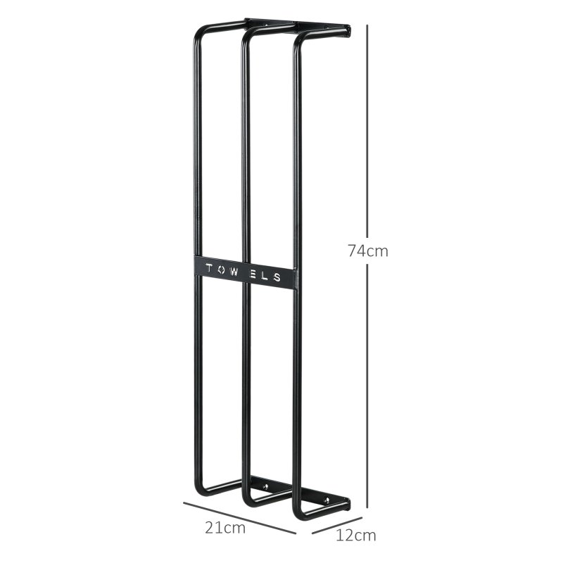 HOMCOM Towel Rack Wall Mounted, Metal Towel Rail Holds Up to 6 Large Size (150 x 100cm) Rolled Towels, 3 Bar Towel Storage for Bathroom, 21 x 12 x 74cm, Black