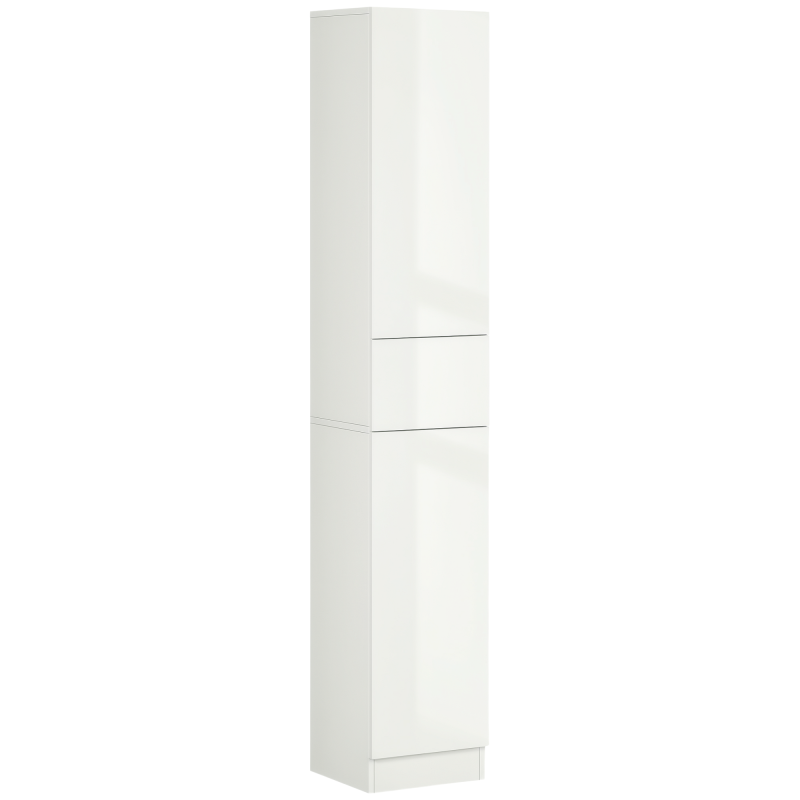 kleankin Tall Bathroom Cabinet with Adjustable Shelves, High Gloss Storage Cupboard, Freestanding Tallboy with Storage Drawer, White