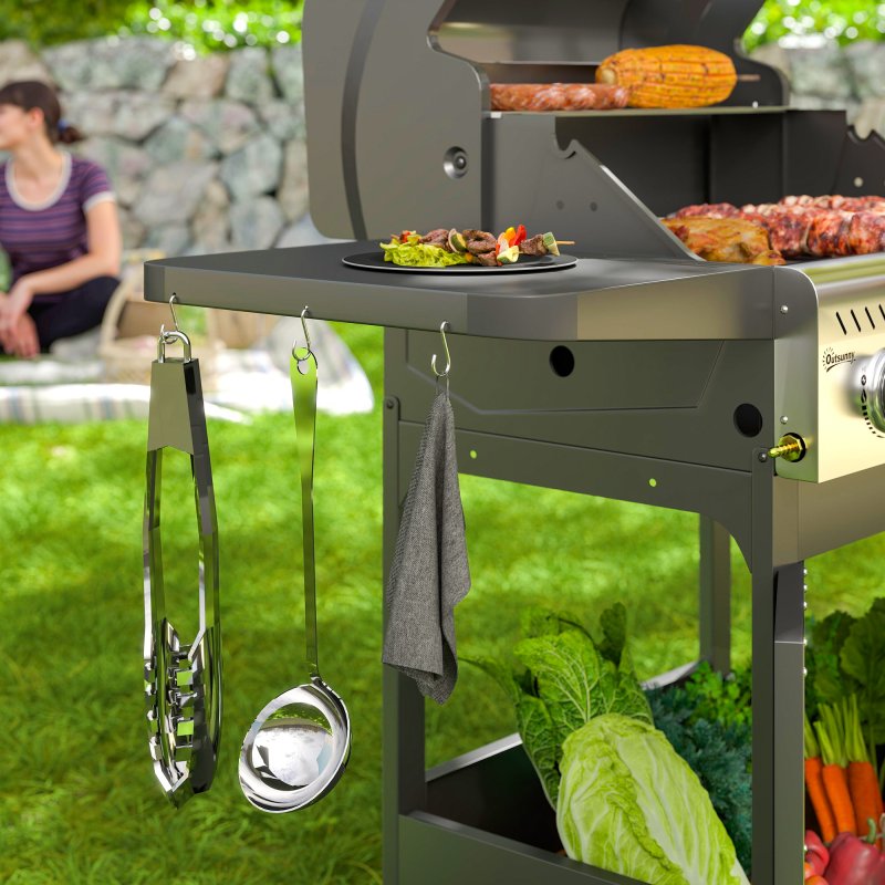 Outsunny 3 Burner Gas BBQ Trolley with See-through Lid, 7.5 kW Propane Gas Barbecue Grill with Thermometer, Wheels, Warming Rack, Shelves, Black