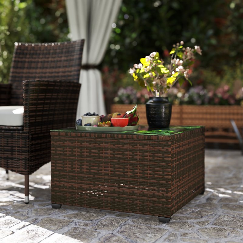 Outsunny Outdoor Coffee Table, PE Rattan Side Table with Tempered Glass Top, Wicker Square Garden Coffee Table End Table with Steel Frame for Patio, Balcony, 60 x 62 x 38cm, Brown