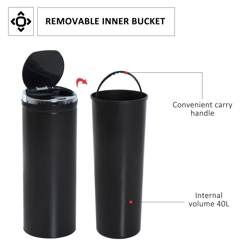 HOMCOM 50L Sensor Bin for Kitchen Waste Automatic Dustbin Motion Detection Dustbin Stainless Steel Rubbish Can with Bucket, Black