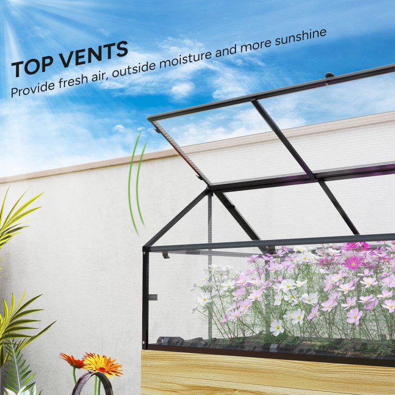 Outsunny Raised Garden Bed with Cold Frame Greenhouse, Elevated Wood Planter Box with Polycarbonate Panel and Top Vent for Vegetables, Flowers, Herbs, 120 x 60 x 103cm, Natural