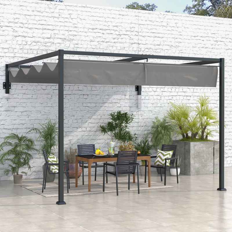 Outsunny 3 x 4m Lean To Pergola with Retractable Roof, Wall Mounted Garden Gazebo Outdoor Sun Shade Shelter for Patio, Deck