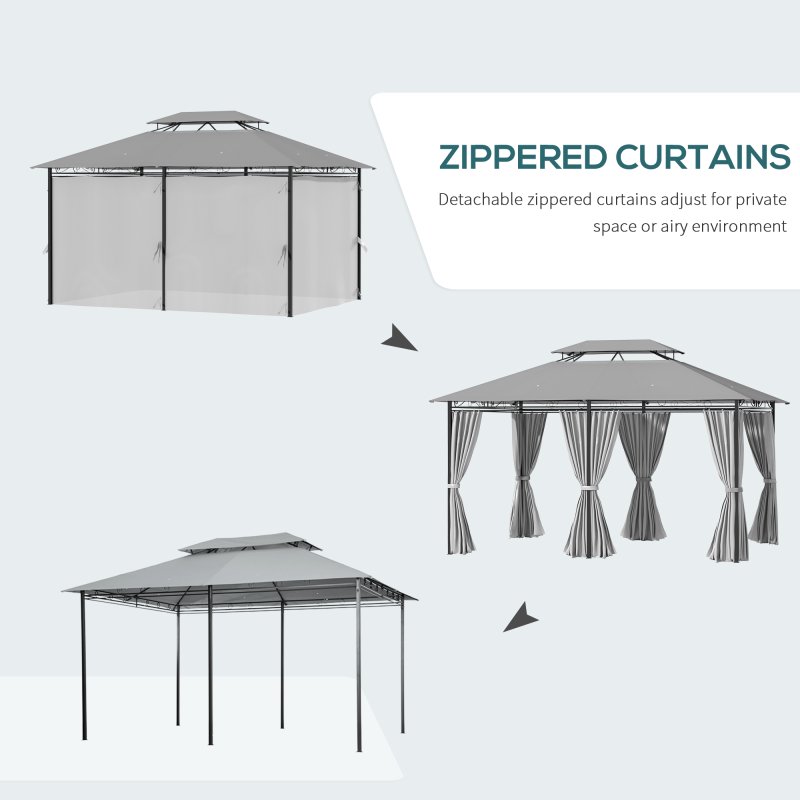 Outsunny 4m x 3(m)Garden Gazebo, Double Roof Outdoor Gazebo Canopy Shelter with Curtains, Solid Steel Frame for Lawn and Deck, Dark Grey