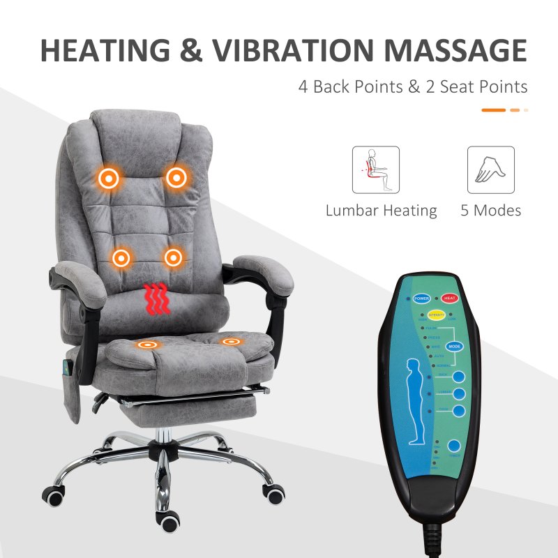 Vinsetto Office Chair with 6 Point Massage and Back Heat, Microfiber Desk Chair with Footrest Adjustable Height and Swivel Wheels, Back Reclining, Grey