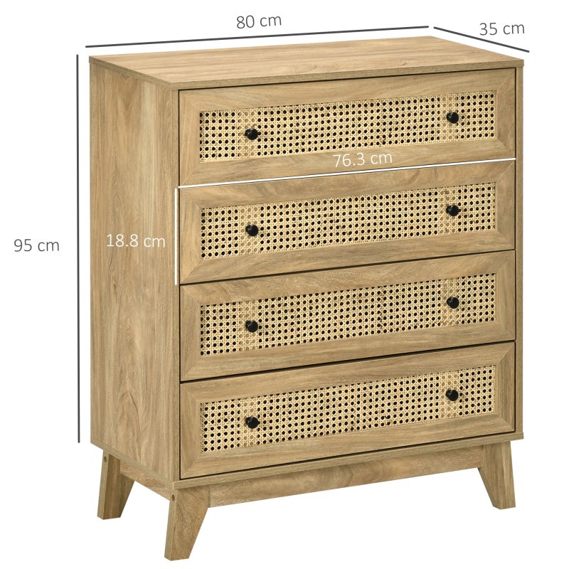HOMCOM Chest of Drawers, 4-Drawer Storage Organiser Unit with Rattan Element for Bedroom, Living Room, Wood Effect