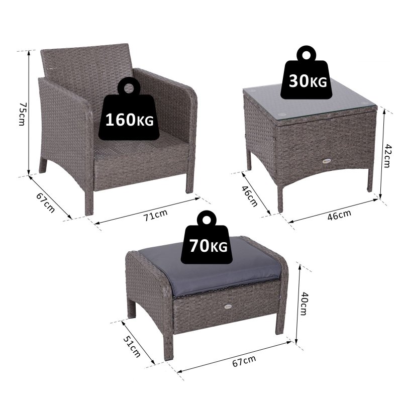 Outsunny 5 Pieces PE Rattan Garden Furniture Set with 10cm Thick Padded Cushions, Wicker Weave Outdoor Seating Chairs with 2 Armchairs, 2 Stools, Glass Top Table, Grey