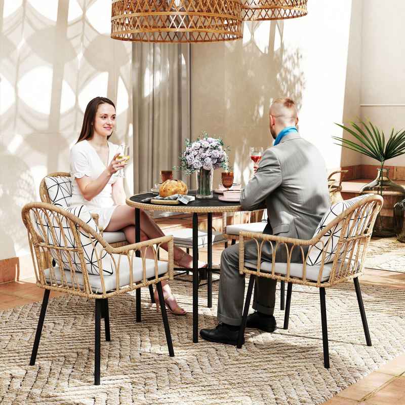 Outsunny 5 Piece Patio Rattan Dining Set, Wicker Garden Table and Chairs w/ Removable Seat & Back Cushions, Round Tempered Glass Tabletop, Parasol Hole, Outdoor Furniture Conservatory Set, Light Brown