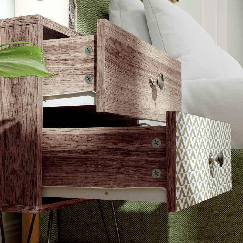 HOMCOM 2-Drawer Bedside Table, Boho Wooden Nightstand Storage Unit, Bedside Cabinet with Steel Frame, Sofa End Side Table for Living Room, Bedroom, Small Space, Rustic Brown