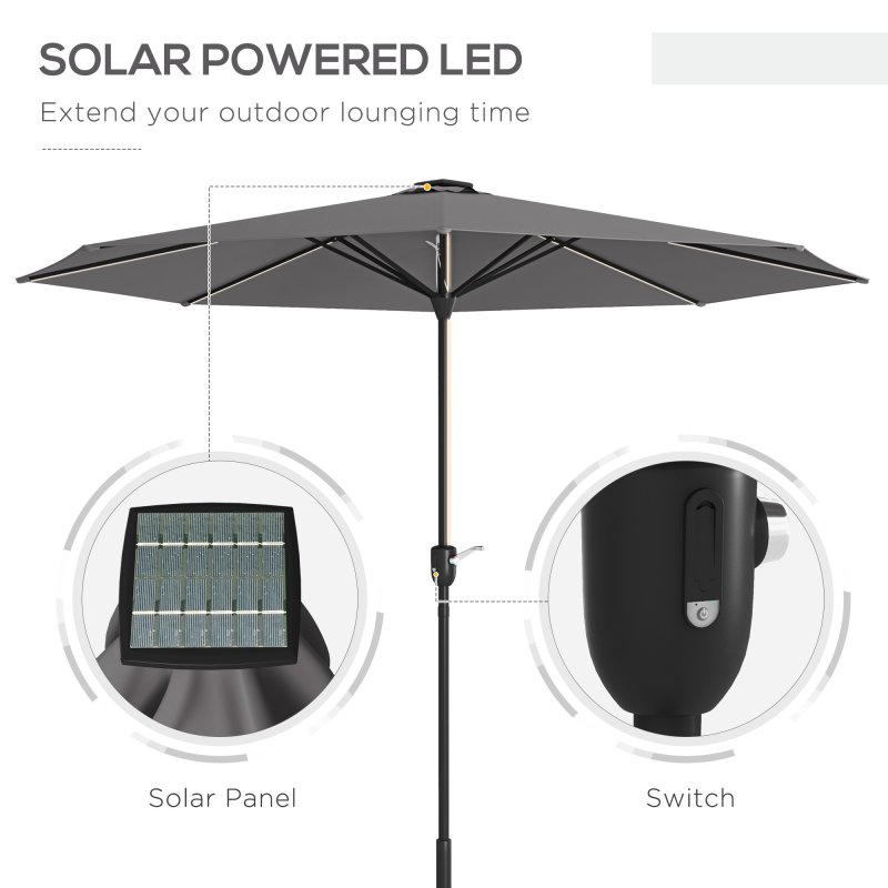 Outsunny 2.65m Garden Parasol with Lights, Solar Charged Warm Yellow LED Patio Umbrella with Crank Handle, for Balcony, Outdoor and Lawn, Charcoal Grey