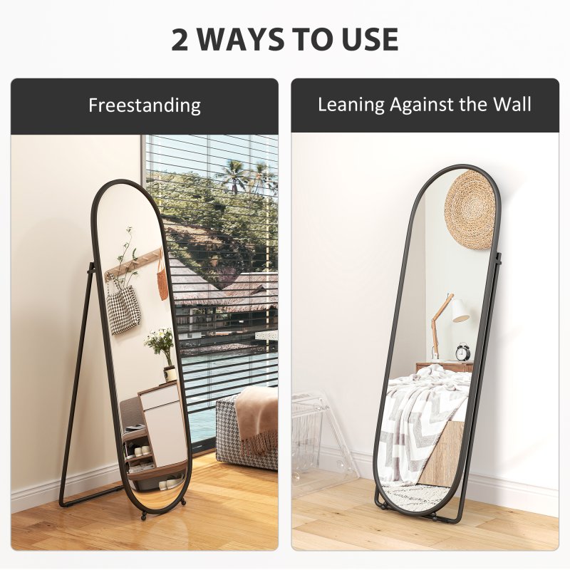 HOMCOM 40 x 160cm Full Length Mirror, Floor Standing or Leaning Against Wall Tall Mirror with Support Frame, Oval Full Body Mirror for Bedroom, Living Room, Black