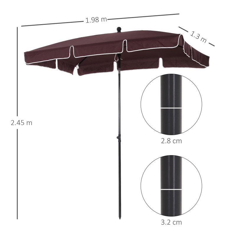 Outsunny 2 x 1.3m Garden Parasol Umbrella, Outdoor Market Table Umbrella with Ruffles & Aluminium Pole, Rectangular Tilting Parasol Sun Shade Canopy, Brown