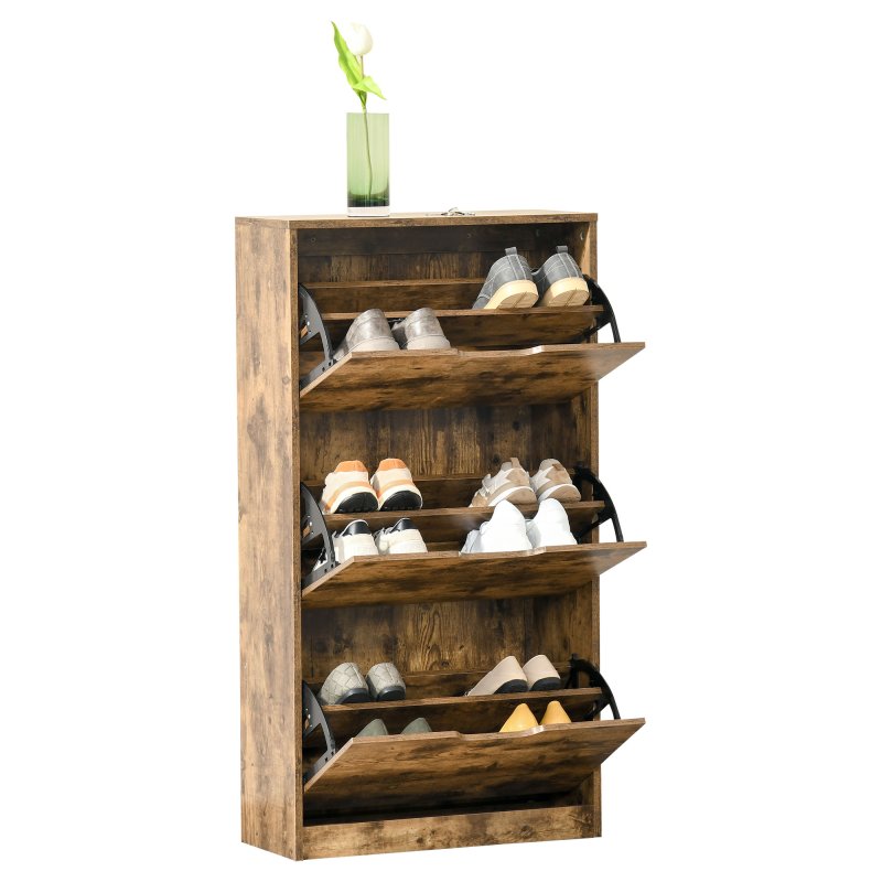 HOMCOM Industrial Shoe Cabinet with 3 Flip Drawers, Narrow Shoe Storage Cabinet for 18 Pairs, Freestanding Slim Shoe Storage Organiser for Entryway, Hallway, Rustic Brown
