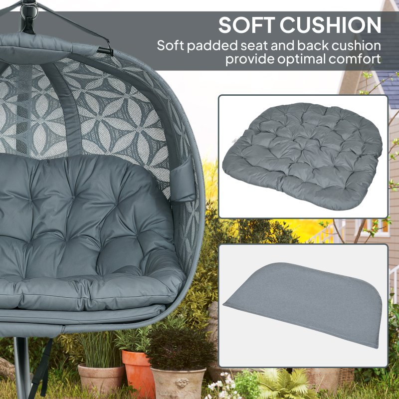 Outsunny Outdoor Double Hanging Chair, Swing Chair with Metal Stand, Thick Padded Cushion, Foldable Basket and Cup Holders, for Indoor and Outdoor, Charcoal Grey