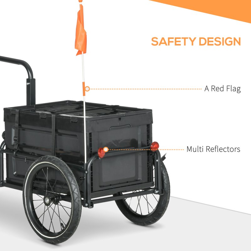 HOMCOM Bike Trailer, Bicycle Cargo Trailer Wagon Cart with 65L Foldable Storage Box, Pneumatic Tyres and Safe Reflectors, Max Load 40KG, Black