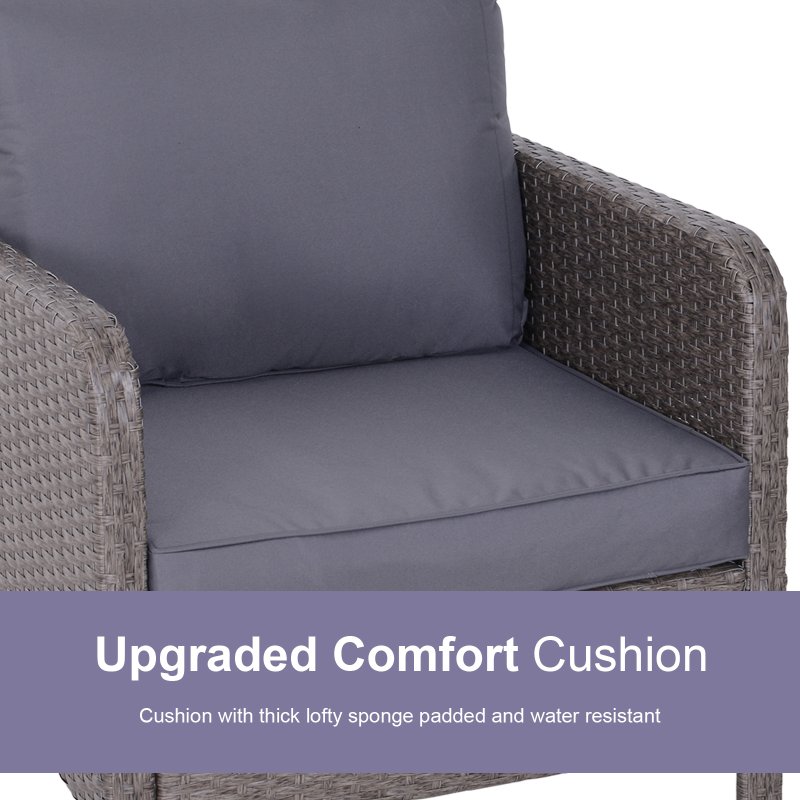 Outsunny 5 Pieces PE Rattan Garden Furniture Set with 10cm Thick Padded Cushions, Wicker Weave Outdoor Seating Chairs with 2 Armchairs, 2 Stools, Glass Top Table, Grey