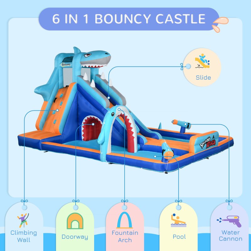 Outsunny Kids Bouncy Castle Inflatable Water Park 6 in 1 for Children Shark-Themed with Slide, Pool, Climbing Wall, Water Cannon for 3-8 Years