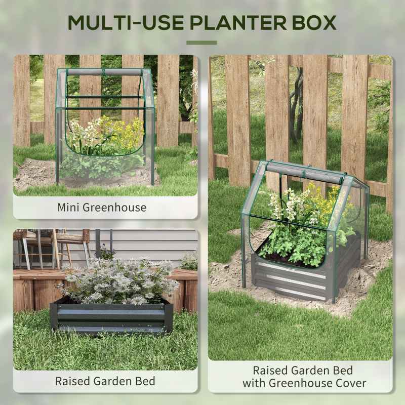 Outsunny Raised Garden Bed with Mini Greenhouse, Outdoor Metal Planter Box with Cover, for Herbs and Vegetables, Use for Patio, Garden, Balcony, Clear and Dark Grey