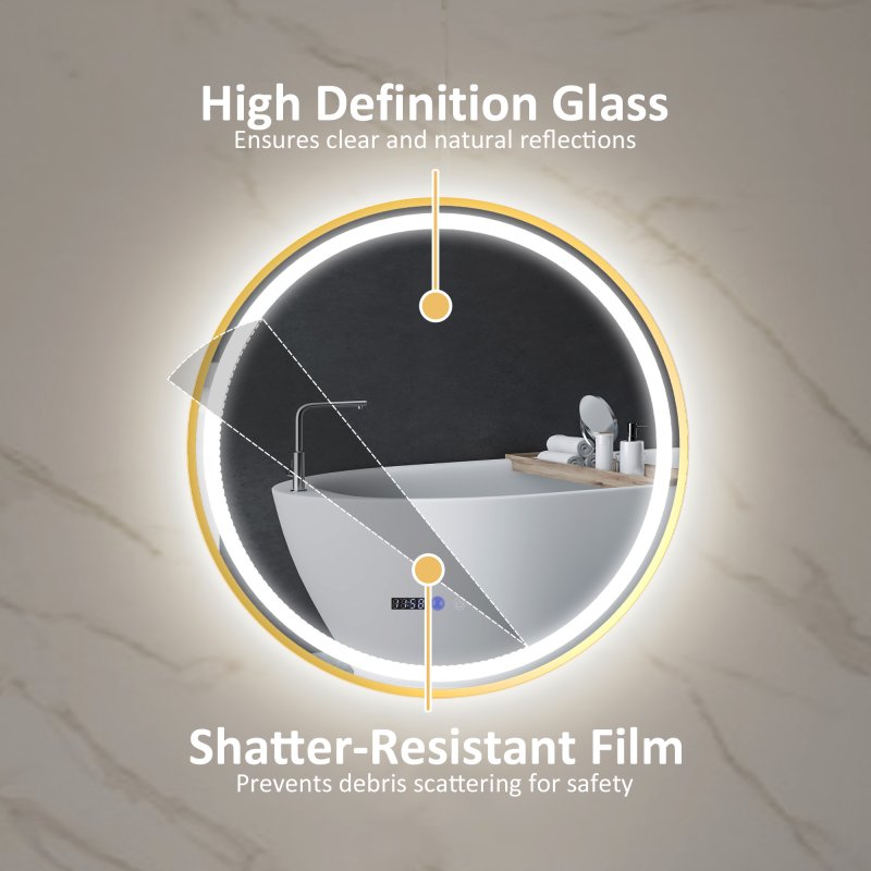 HOMCOM 600mm Round Bathroom Mirror with LED Lights, Wall Mounted Backlit Illuminated Bathroom Mirror with Demister, 3 Colours Dimmable, Memory Function, Touch Switch, Time and Temp Display, Gold Tone