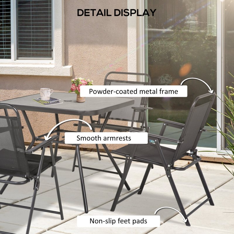 Outsunny 5-Piece Garden Dining Set with 4 Foldable Armchairs, Outdoor Furniture Set with Parasol Hole and Wood-plastic Composite Top Dining Table, Mesh Seat, Black