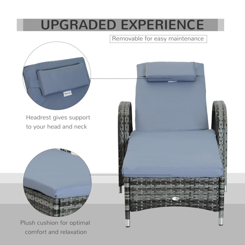 Outsunny Rattan Sun Lounger, Garden Lounger Recliner with Wheels and Adjustable Backrest, Outdoor Reclining Sunbed Garden Chair with Cushion and Headrest for Patio, Beach, Terrace, Grey