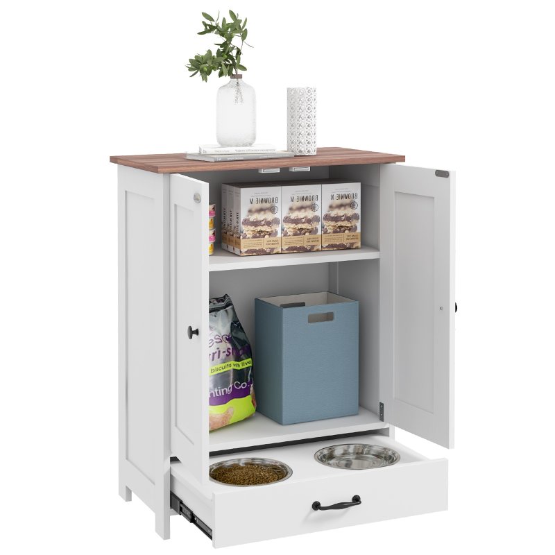 PawHut Pet Feeding Station with Storage, Dog Feeding Station with Raised Dog Bowls, Adjustable Panel, Hooks, Pet Food Storage Cabinet, White