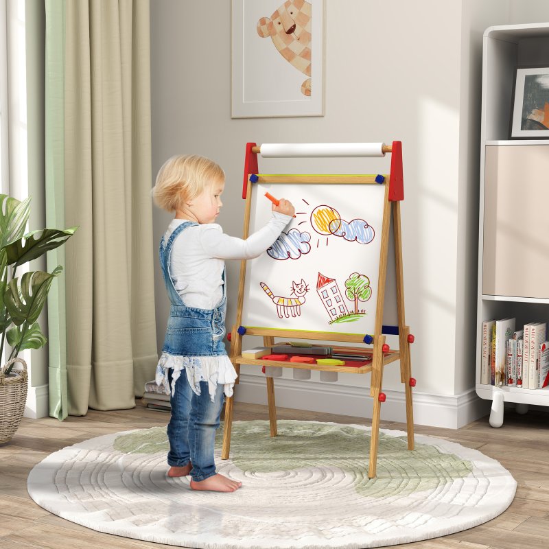 AIYAPLAY Kids Easel, 3 in 1 Art Easel Double Sided Height Adjustable with Paper Roll, Whiteboard, Chalkboard, Painting Accessories, Natural Wood Finish