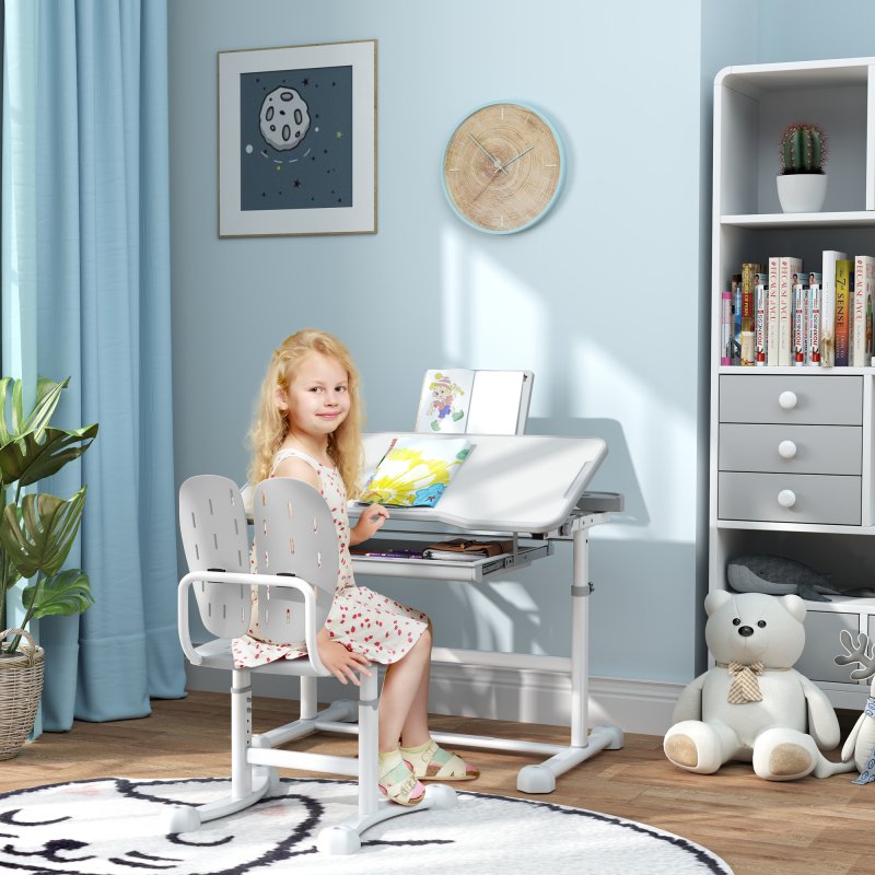 AIYAPLAY Kids Desk and Chair Set, Height Adjustable School Study Table Chair Set with Tilted Desktop, Storage Drawer, Book Stand, for Writing Reading, kids Aged 3-12 Years, Grey