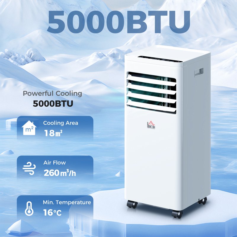 HOMCOM 5000 BTU Air Conditioning Unit, 3-in-1 Portable Air Conditioner, Dehumidifier, Cooling Fan with 2 Speeds, 24H Timer, Remote Control, Digital Display, Window Venting Kit, 18m²