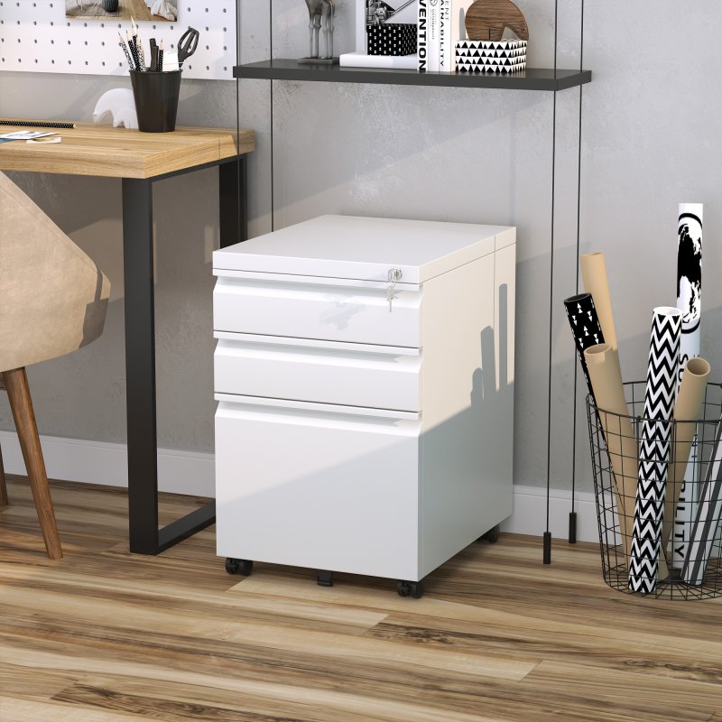 Vinsetto 3-Drawer Filing Cabinet with Lock, Mobile Steel File Cabinet for A4, Legal and Letter Size, Under Desk Drawers with Pre-Assembled Body for Home Office, 39 x 48 x 60 cm, White