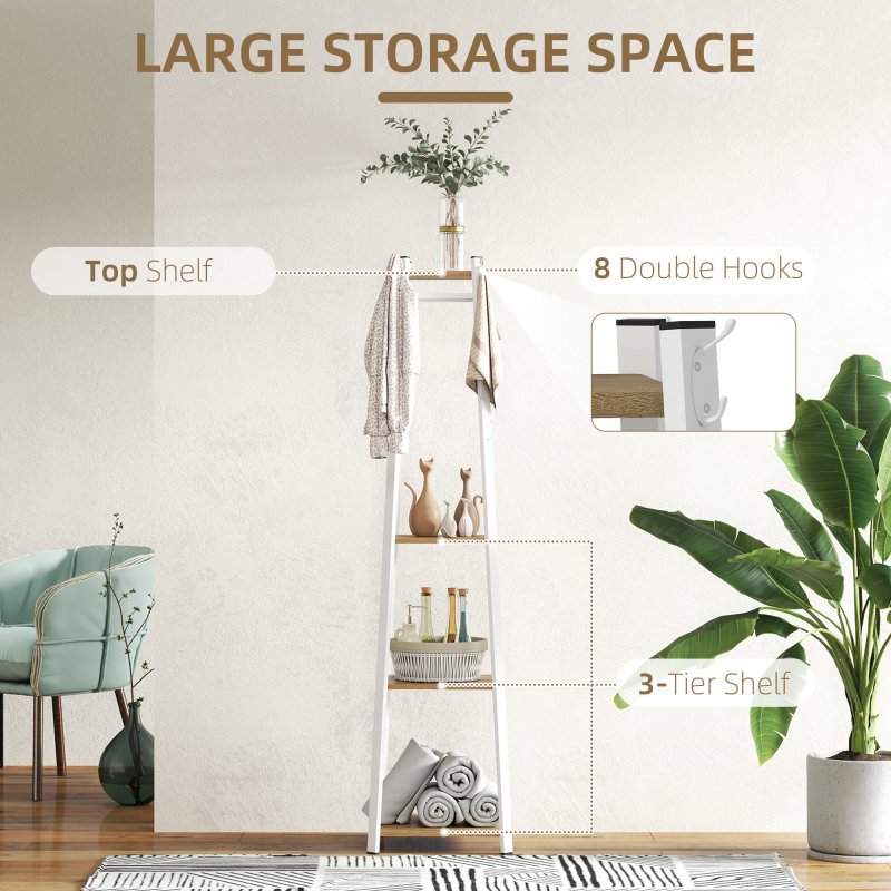 HOMCOM Coat Rack with Storage, Freestanding Coat Stand with 8 Hooks and 3-Tier Shelf, Clothes Rack for Bedroom, Entryway