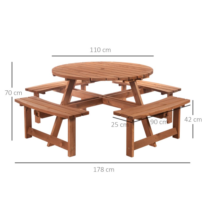 Outsunny 8 Seater Wooden Picnic Table and Garden Benches Set, Round Garden Dining Set with 4 Benches and Umbrella Hole Outdoor Garden Park, Brownish Red