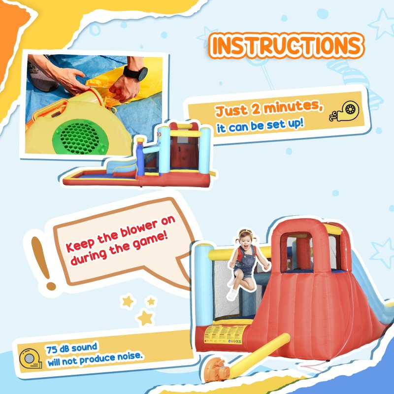 Outsunny 4 in 1 Kids Bouncy Castle with Slide Pool Trampoline Climbing Wall, Inflatable Bounce House with Blower Storage Bag, 4.35 x 2.45 x 2 m