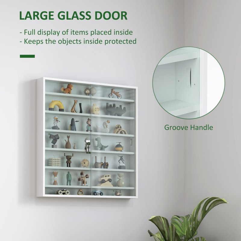 HOMCOM 7-Tier Wall Mounted Display Cabinet, Display Case with 6 Adjustable Shelves, Glass Doors for Home Office Ornaments 83x80cm, White