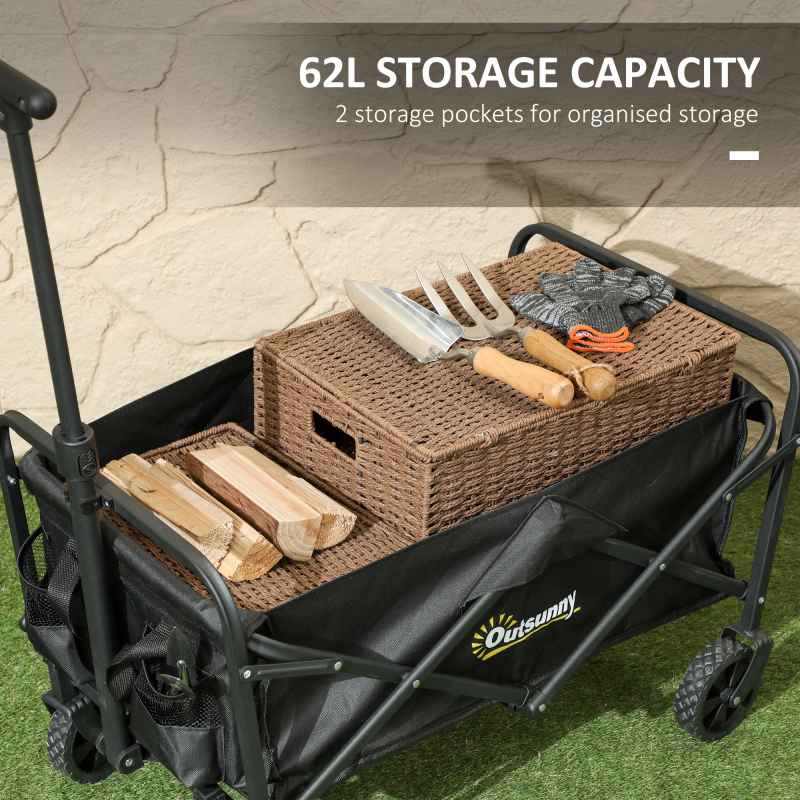 Outsunny 62L Festival Trolley on Wheels, Garden Folding Trolley Cart, 120kg Heavy Duty Collapsible Folding Wagon with Adjustable Handle and Carrying Bag for Beach, Camping, Festival, Black