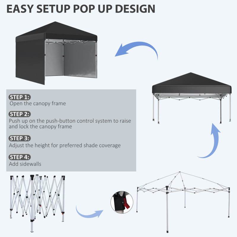 Outsunny 3 x 3 (M) Pop Up Gazebo with 3 Sidewalls, Leg Weight Bags and Wheeled Bag, Height Adjustable Party Tent Event Shelter for Garden, Patio, Black