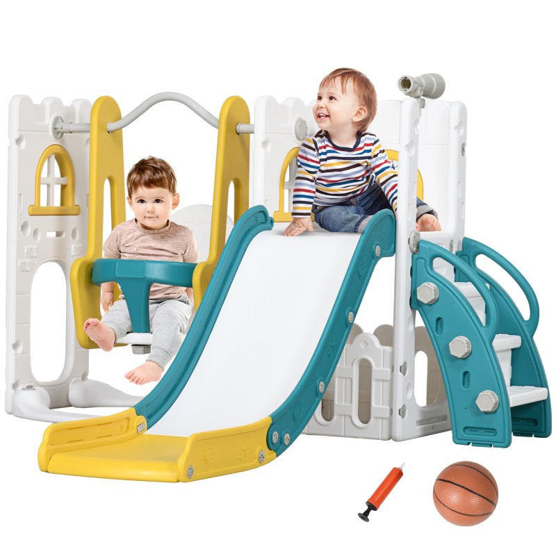 AIYAPLAY Toddler Swing and Slide Set, 6-in-1 Baby Climber and Swing Set, Kids Playground with Basketball Hoop, Telescope, Storage Space - Yellow
