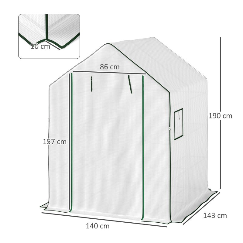 Outsunny Walk-in Greenhouse with 3 Tier 8 Shelves, Small Greenhouse with Reinforced PE Cover, Garden Plant Growhouse with Roll-up Door and Three Mesh Windows, 140 x 143 x 190 cm, White