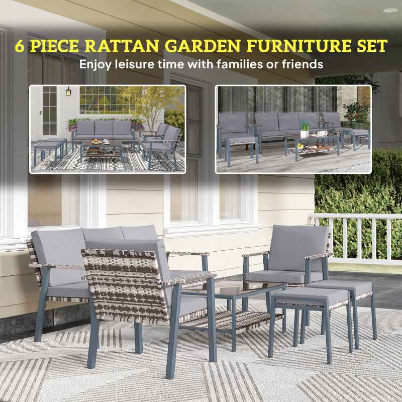 Outsunny 6 Piece Rattan Garden Furniture Set with 3-Seater Sofa, 2 Chairs and 2 Footstools, 7 Seater Outdoor Sofa Set with Glass Top Coffee Table and Cushions for Balcony, Grey