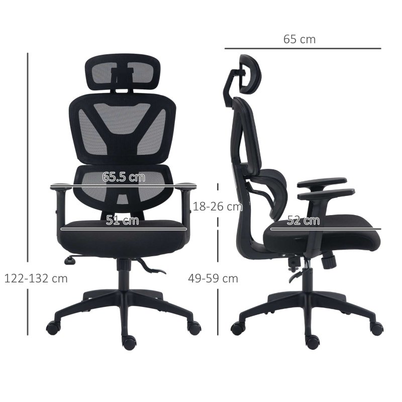 Vinsetto Ergonomic Office Chair, Mesh Swivel Desk Chair with Lumbar Support, Padded Seat, Adjustable Height and Headrest for Home Office, Black