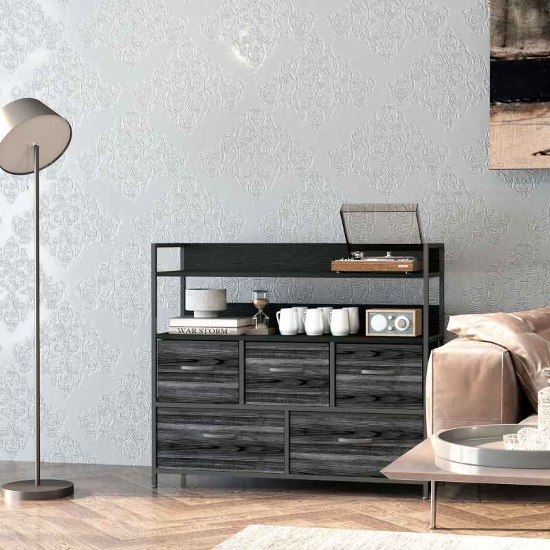 HOMCOM Bedroom Chest of Drawers, Fabric Dresser with 5 Drawers, Storage Organiser Unit with Open Shelves and Metal Frame for Living Room, Entryway